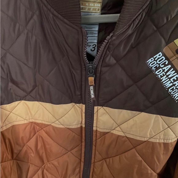 Rocawear Jacket ROC Denim Corp Brown Quilted Puffer Color Block Large Size 3 - Picture 3 of 12